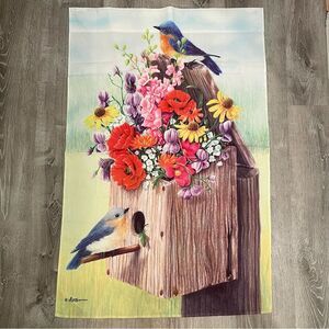 Spring House Flag with Bluebirds and Birdhouse Floral Bouquet Garden Decor